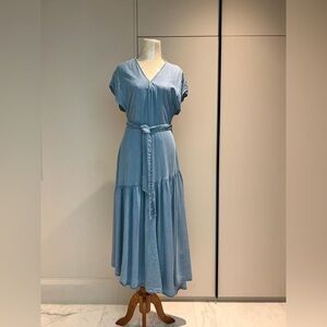 ZARA WOMEN SIZE SMALL CHAMBRAY FLUTTER SLEEVE V NECK TIE BACK MAXI DRESS